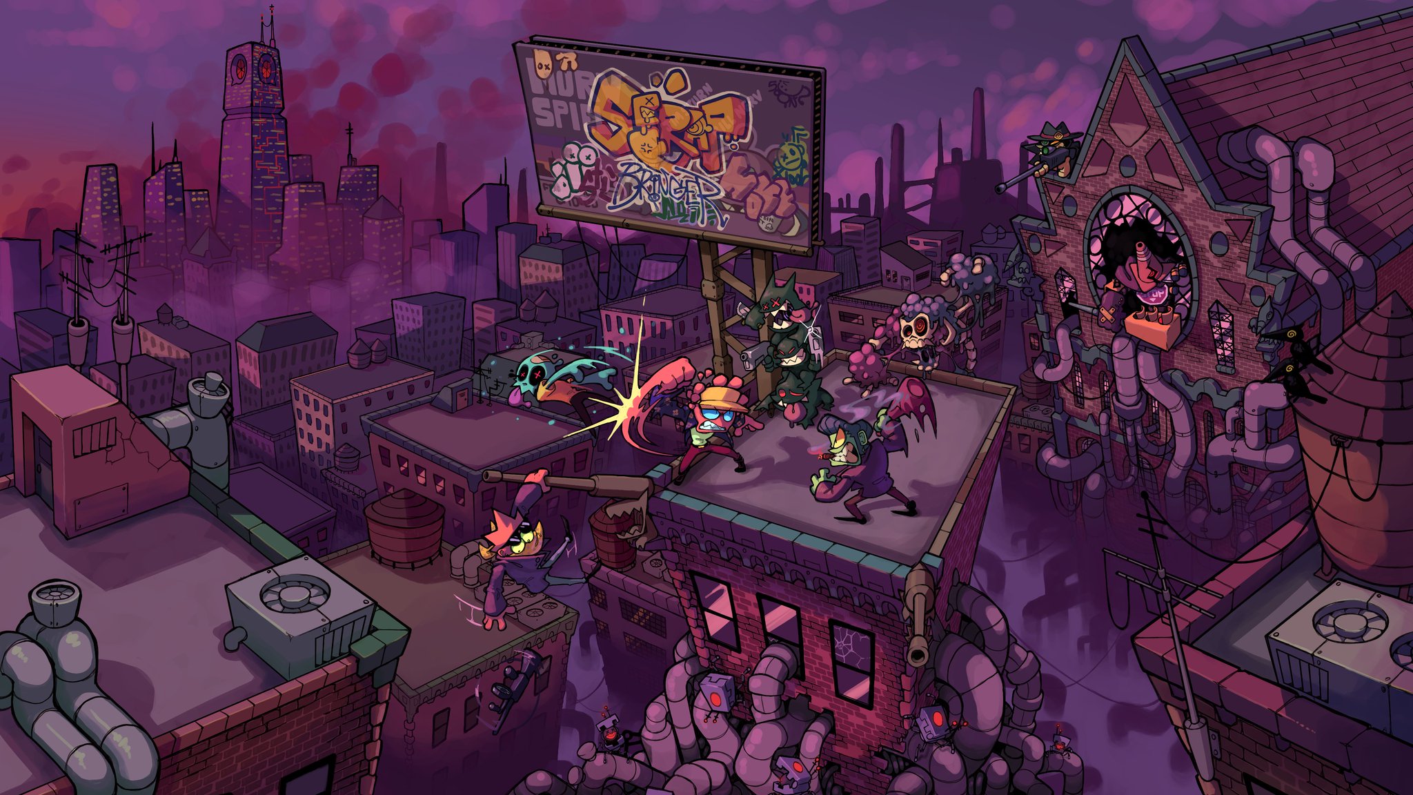 the image depicts a chaotic battle scene on urban rooftops at dusk.  eight stylized characters, some seemingly human and others monstrous, are engaged in combat. the background showcases a sprawling cityscape with towering buildings, industrial elements, and a vibrant sunset casting dramatic lighting. a billboard with graffiti adds to the urban fantasy aesthetic.