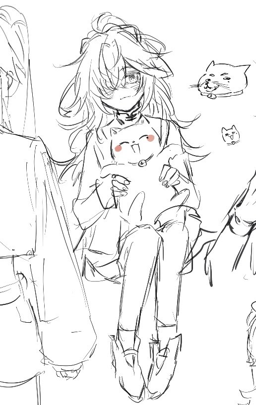 a black and white sketch of an anime girl with a cat in her arms. she is sitting with her legs crossed and looking to the side with a slightly happy smile.  she appears to be holding a small cat in her arms. the girl has long hair and is wearing a loosefitting shirt. the cat has a large, round head with big eyes.  the artwork is a simple sketch with a light and airy feel.
