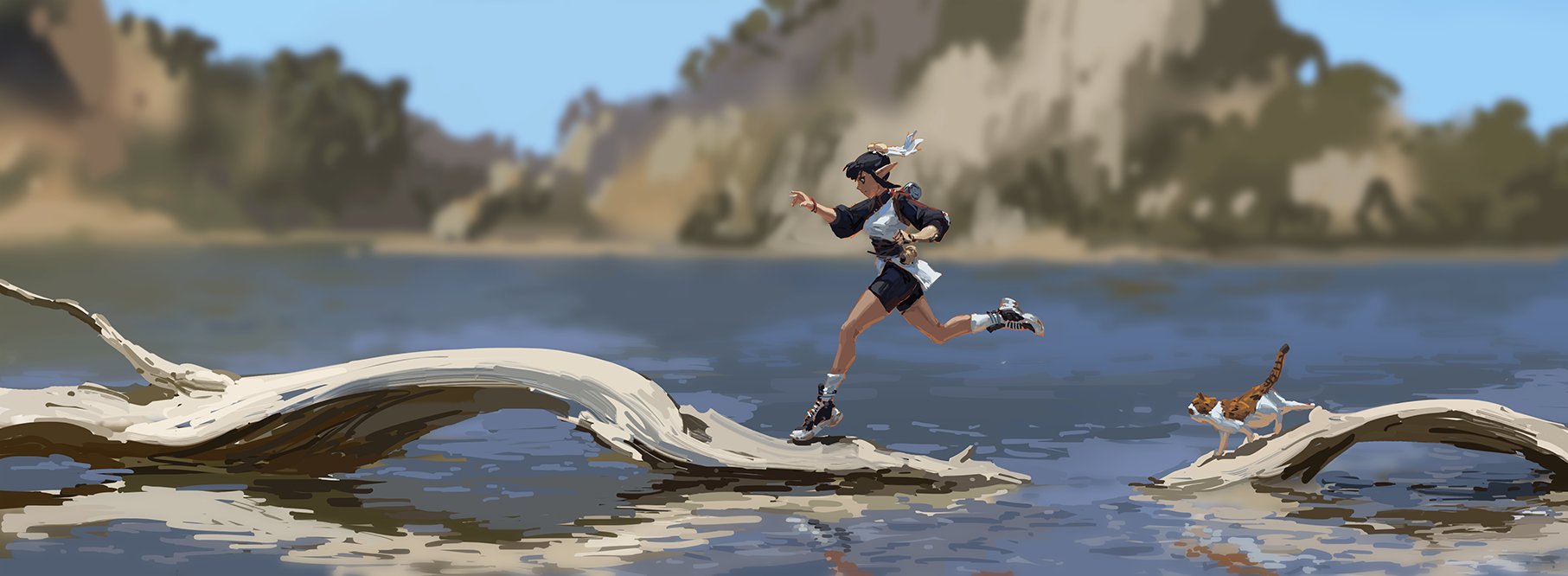 the digital painting depicts a stylized female elf character, possibly animeinspired, running and leaping across a partially submerged log that acts as a bridge over a calm lake.  the elf is dressed in a dark top and lightcolored shorts, carrying what appears to be a small pack. her expression suggests energy and purpose.  a calico cat casually walks along the log in the opposite direction. the background features a softly rendered landscape of trees and hills under a bright, sunny sky. the overall style is painterly and loose, with visible brushstrokes contributing to a sense of movement and light. the scene conveys a sense of adventure and whimsical serenity.