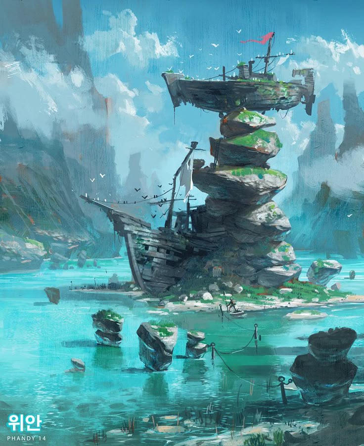 the image is a painting of a fantastical landscape featuring the decaying remains of two ships stacked atop a precarious rock formation in the middle of a turquoise ocean. the lower ship is partially submerged, with a white sail hanging limply. above it, a stack of large, mosscovered rocks supports a second, more dilapidated ship with a red flag fluttering from its mast. birds fly around the ships and the rock formation. additional rock formations, some floating, dot the water, and a ropelike barrier connects some of them. the background features cliffs and cloudy skies. the style is painterly and dreamlike.