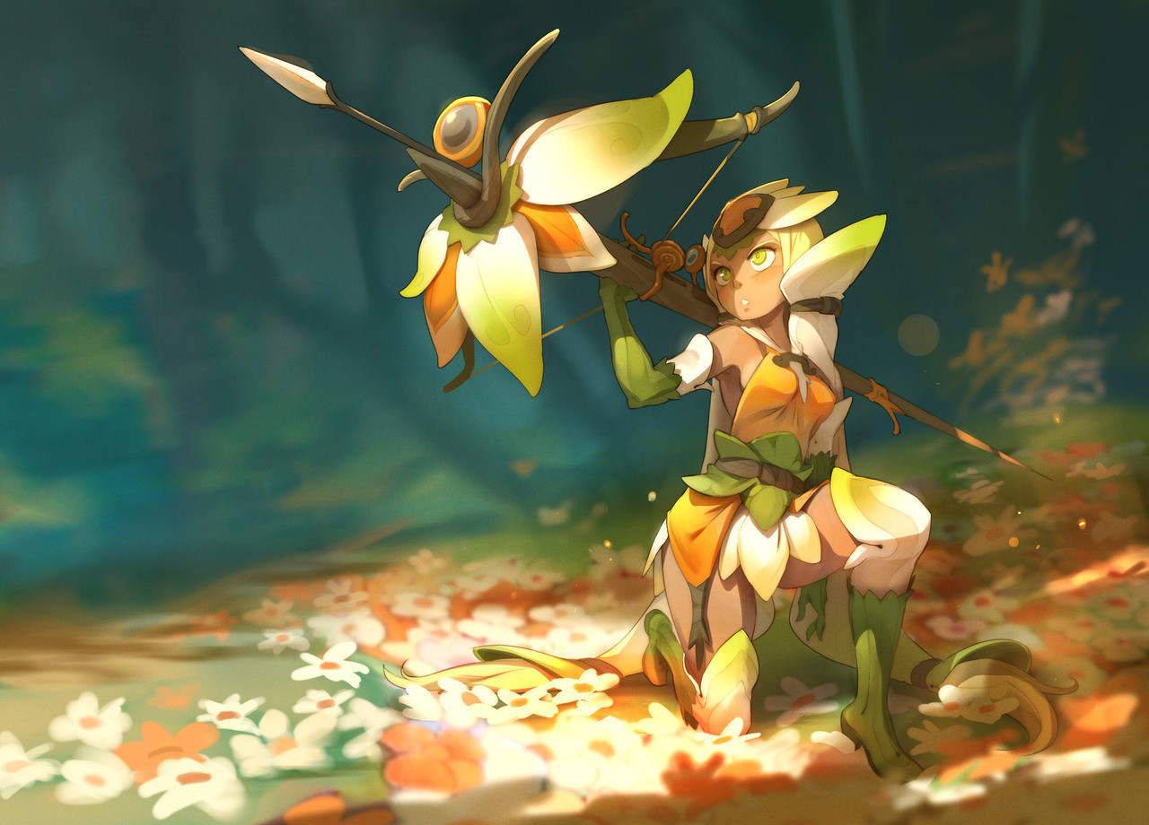 a young anime girl warrior stands in a field of white and yellow flowers. she is holding a bow and arrow, with the arrow pointed forward. the bow is made of flower petals and has a large green eye on the front of it. she has yellow eyes and brown skin and is wearing a short orange dress with green leaves. the girl is standing in a field of white and yellow flowers and the sun is shining down on her. the background is a blur of green trees.  the girl is ready to shoot the arrow.