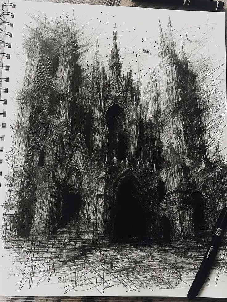 the image is a detailed black and white ink drawing of a gothic cathedral or church. the style is highly textured and expressive, utilizing hatching and crosshatching techniques to create depth and shadow.  the building is depicted as dark and imposing, with a sense of mystery and perhaps even ominousness.  the artist has employed a dynamic and somewhat chaotic style of line work, conveying movement and a sense of the building's age and grandeur.  a small moon is visible in the upper right corner, suggesting a nighttime setting. the background is filled with loose, energetic scribbles that enhance the dramatic effect. a black pen rests on the bottom right corner of the drawing, suggesting the process and medium. the overall effect is a powerful and evocative piece of art.