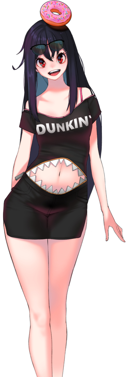 a young anime girl with black hair and red eyes is standing and smiling at the viewer. she has a donut on her head and is wearing a black dress.