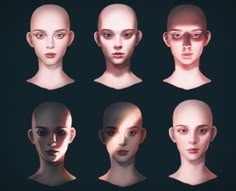 the image contains six digital portraits of women with different lighting on their faces. the women are depicted with smooth skin, light hair, and realistic features. the lighting highlights the contours of their faces and creates dramatic shadows and contrast. the portraits showcase a variety of lighting techniques and perspectives.