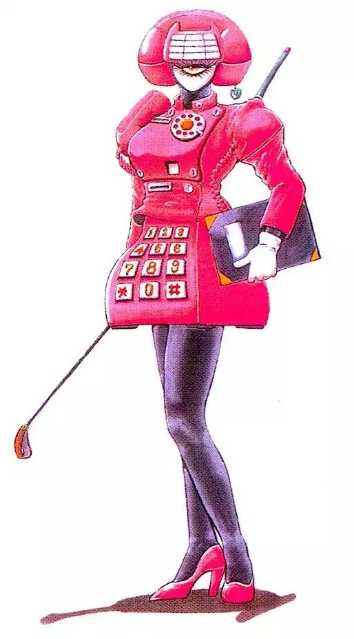 this is a colorful illustration of a cartoon woman.  she has long purple legs and is wearing a pink phonethemed dress.  her head is a red phone with a dial tone.  her right hand is holding a black clipboard.  her left hand is holding a long stick.  she is wearing bright red shoes.
