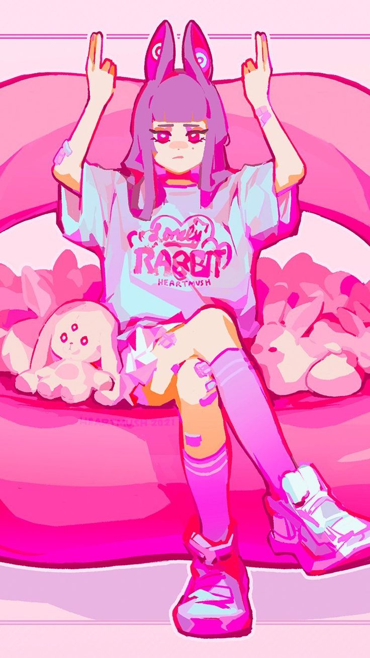 a happy, pink anime girl wearing a  "lonely rabbit" tshirt, pink bunny ears, and pink shoes sits on a pink couch surrounded by pink bunnies.