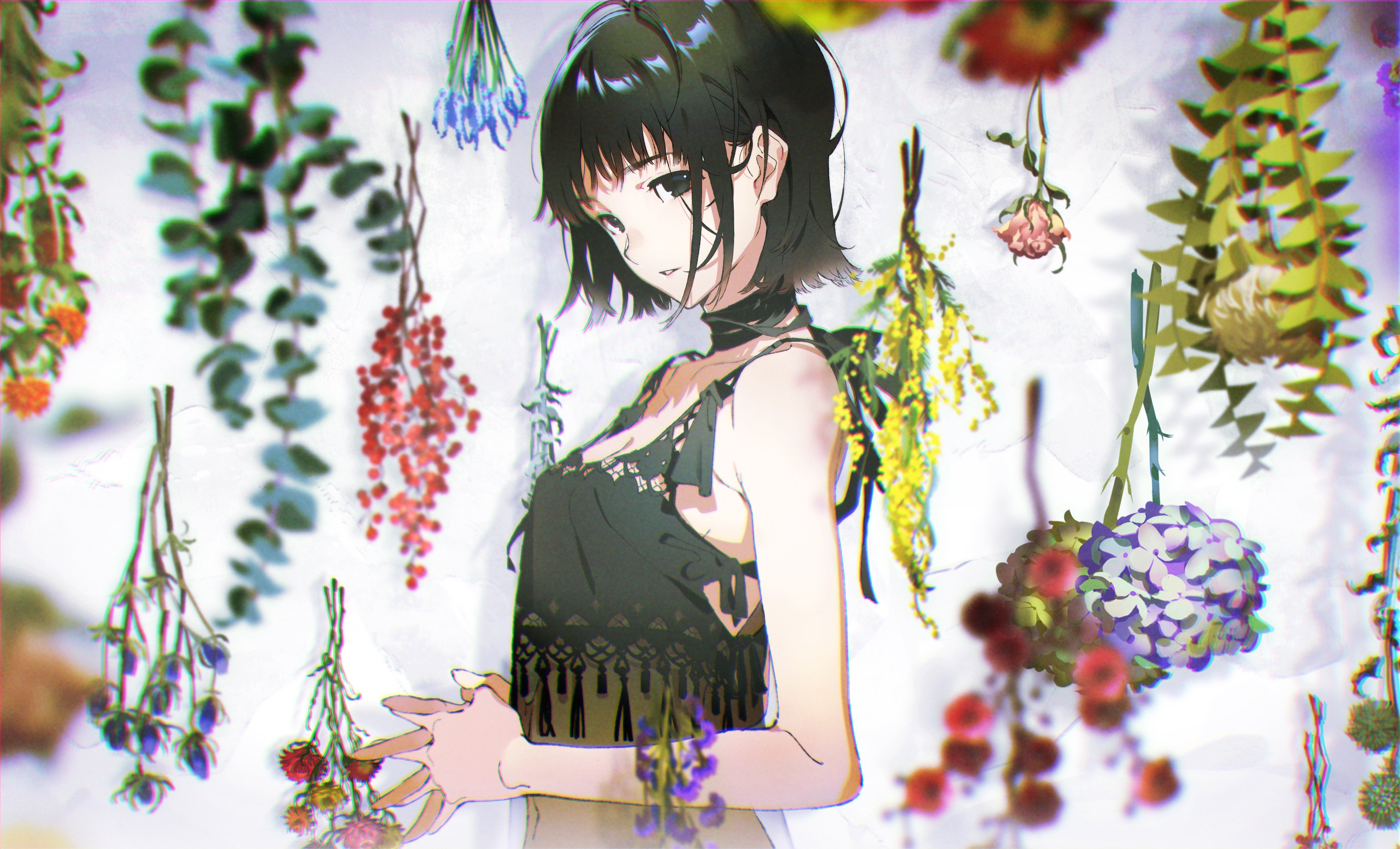 the image features a young woman with short, dark hair and pale skin. she is wearing a black tank top with lace detailing. the background is white and filled with various dried flowers and plants hanging upside down, creating a whimsical and slightly melancholic atmosphere. the colors are muted and soft, contributing to the overall dreamy and ethereal feel of the illustration.