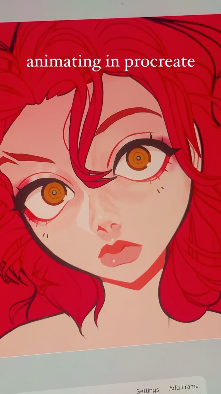 the image shows a closeup of a digital drawing of a female character with vibrant red hair, created in the procreate app.  the style is reminiscent of anime or cartoon art, featuring large expressive eyes and a stylized face.  the text "animating in procreate" is overlaid on the image, suggesting that this is a frame from an animation project. the bottom of the image shows the procreate interface with options like "settings" and "add frame." the overall impression is of a work in progress, possibly a tutorial or demonstration of animation techniques in procreate.