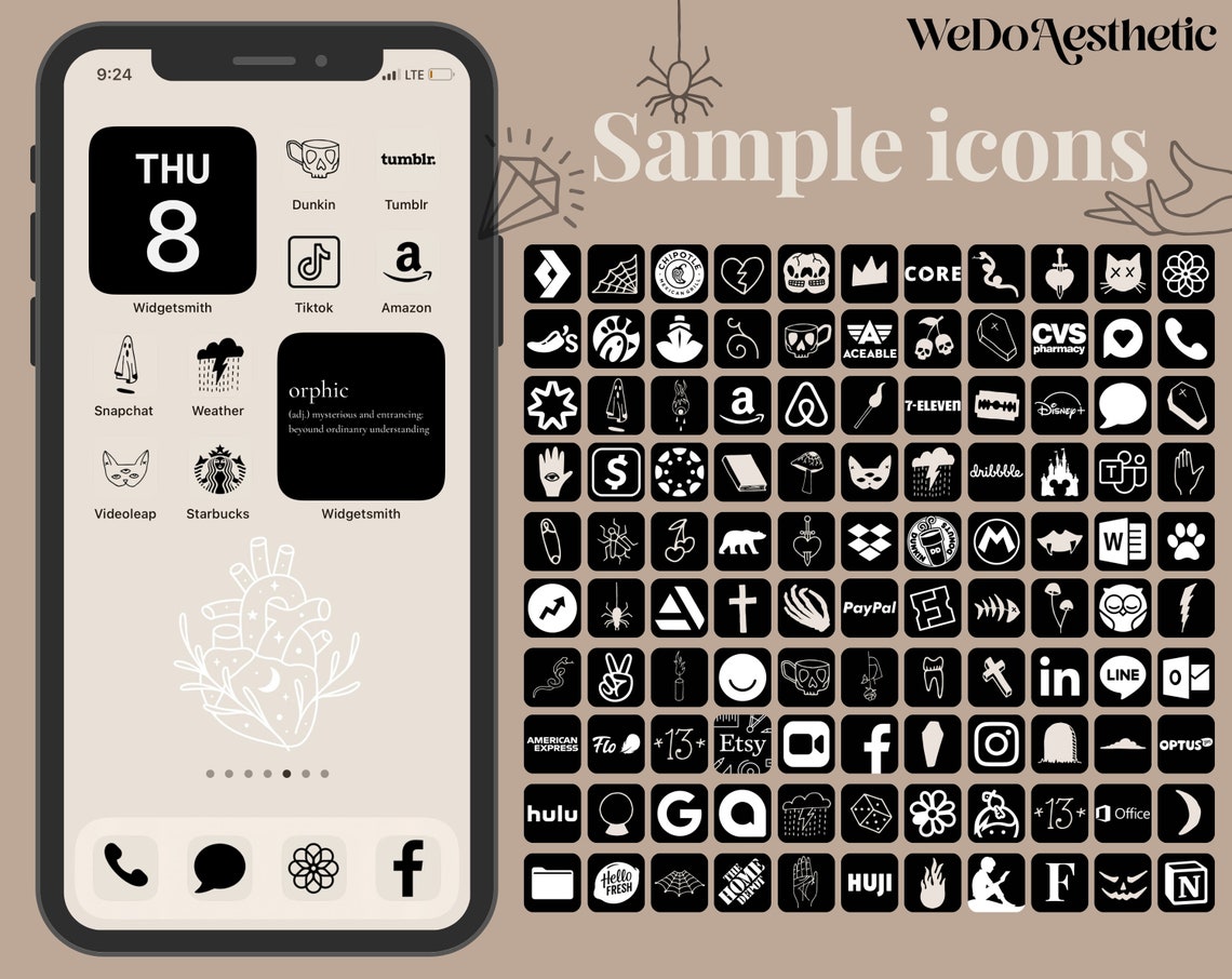 the image showcases a stylized iphone screen with a beige background and a collection of app icons in black and white. a selection of custom widgets, including a calendar date and a word definition, adds to the aesthetic customization. to the right of the iphone display, a grid of sample icons offers various black and white minimalist designs for popular apps. the overall theme exudes a modern, clean, and personalized feel, with the brand "wedoaesthetic" suggesting a focus on visual style and design.