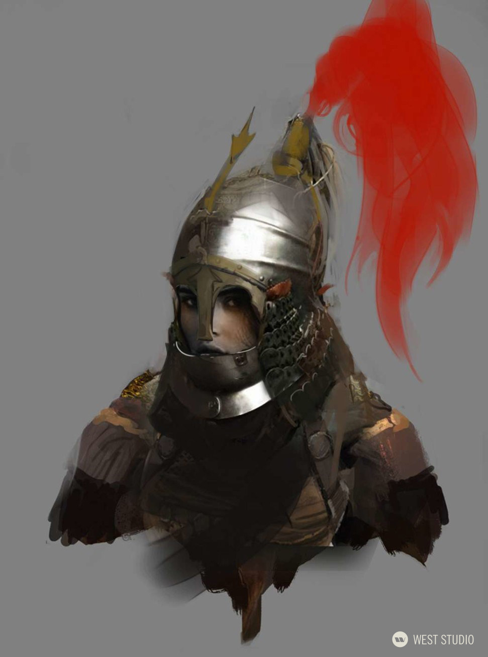 a digital painting of a female warrior wearing elaborate armor and a helmet with a red plume. the artwork is a character concept, likely for a fantasy setting. the portrait is from the bust up, with the warrior facing slightly to the left.  the color palette is muted, focusing on grays and metallic tones.