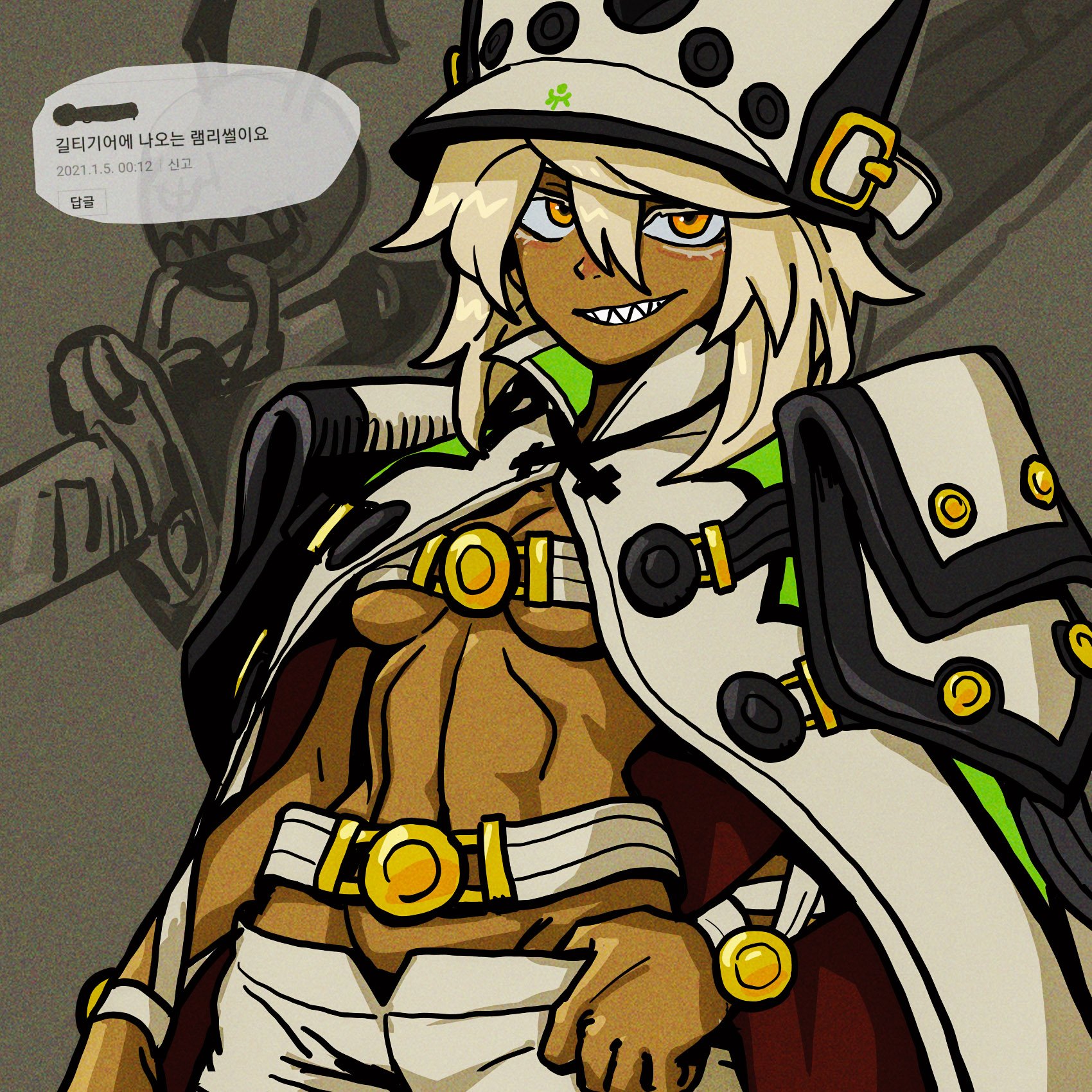 a digital art illustration of a female character with a robotic arm and a white coat, she is wearing a gold belt and has a robotic eye.  she is wearing a green and white outfit, with her hair in a long ponytail.  she has a stern look on her face and is holding a sword in her robotic hand. the artwork is in a manga style.