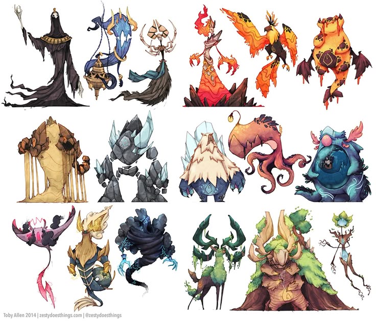 the image showcases a collection of character designs, likely for a fantasy or monsterthemed project. the characters are diverse in their elemental themes, ranging from fire and earth to water and death. they exhibit a stylized, cartoonish art style with unique features like horns, tentacles, wings, and cloaks. some characters are depicted as floating creatures, while others are designed as golems or elemental beings. the artist is toby allen, also known as zestydoesthings.