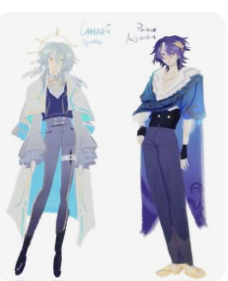 this is an illustration of two anime characters, the character on the left is a male character, he has white hair, he is wearing a white and blue outfit,  the character on the right is a female character, she has purple hair, she is wearing a purple and blue outfit. both of the characters are standing and posing in front of a white background.