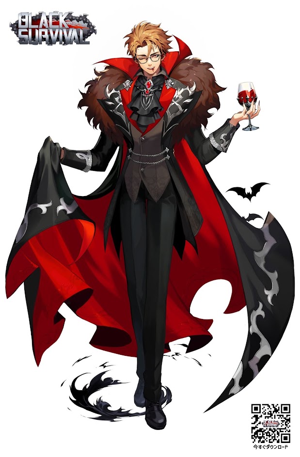 this is a digital illustration of a male anime character dressed as a vampire. he is wearing a black suit, red cape,  and a furtrimmed collar. he is holding a glass of wine. the character is from the mobile game black survival. the image has a gothic and dark theme. the character is surrounded by shadows.  a qr code in the bottom right corner directs the user to download black survival.