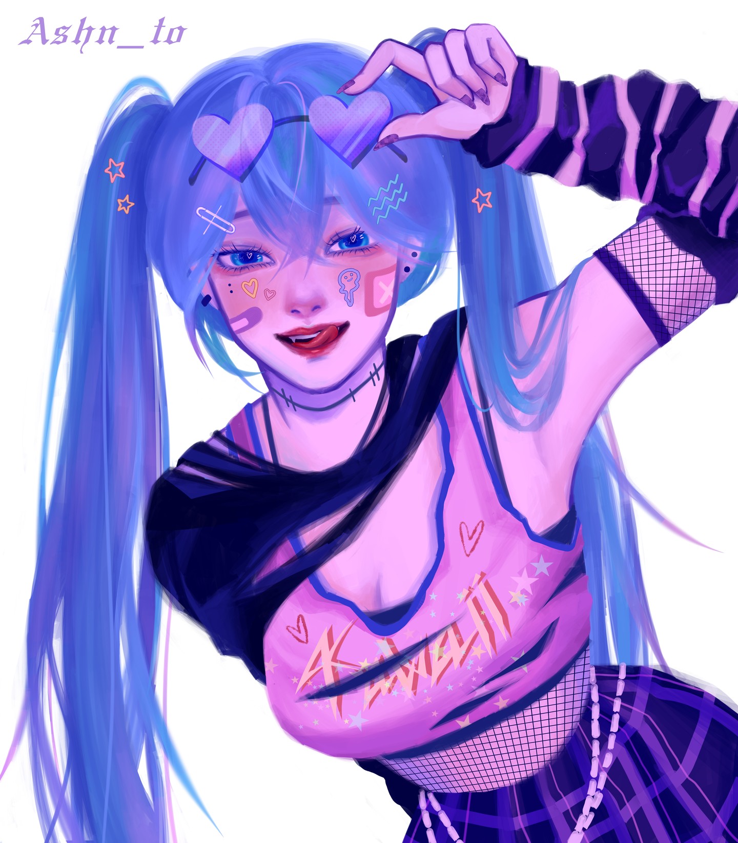 the image is a vibrant digital painting or illustration of an animestyle girl, strongly resembling hatsune miku. she has long, bright blue twintails, heartshaped sunglasses, and is wearing a ripped pink tank top with a punk/gothinspired design.  her outfit is completed with fishnet stockings and a plaid skirt, accessorized with various small stickers and charms on her face and clothing. her expression is cheerful and playful. the overall style is bright and colorful, with a focus on cute and edgy fashion elements. the artist's signature, "ashn_to," is visible in the upper left corner.