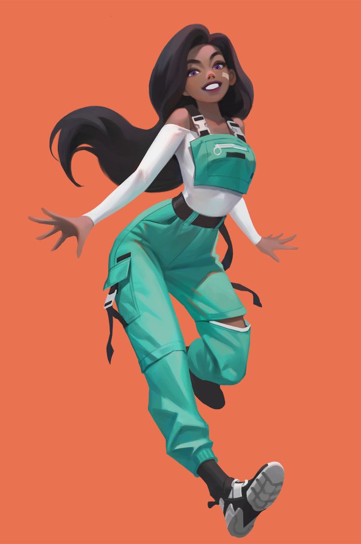 this is a digital illustration of a woman in a green pantsuit and white shirt. she has long black hair and is smiling. she is in a dynamic pose, with one leg bent and her other leg extended in front of her. the background is a solid orange color.