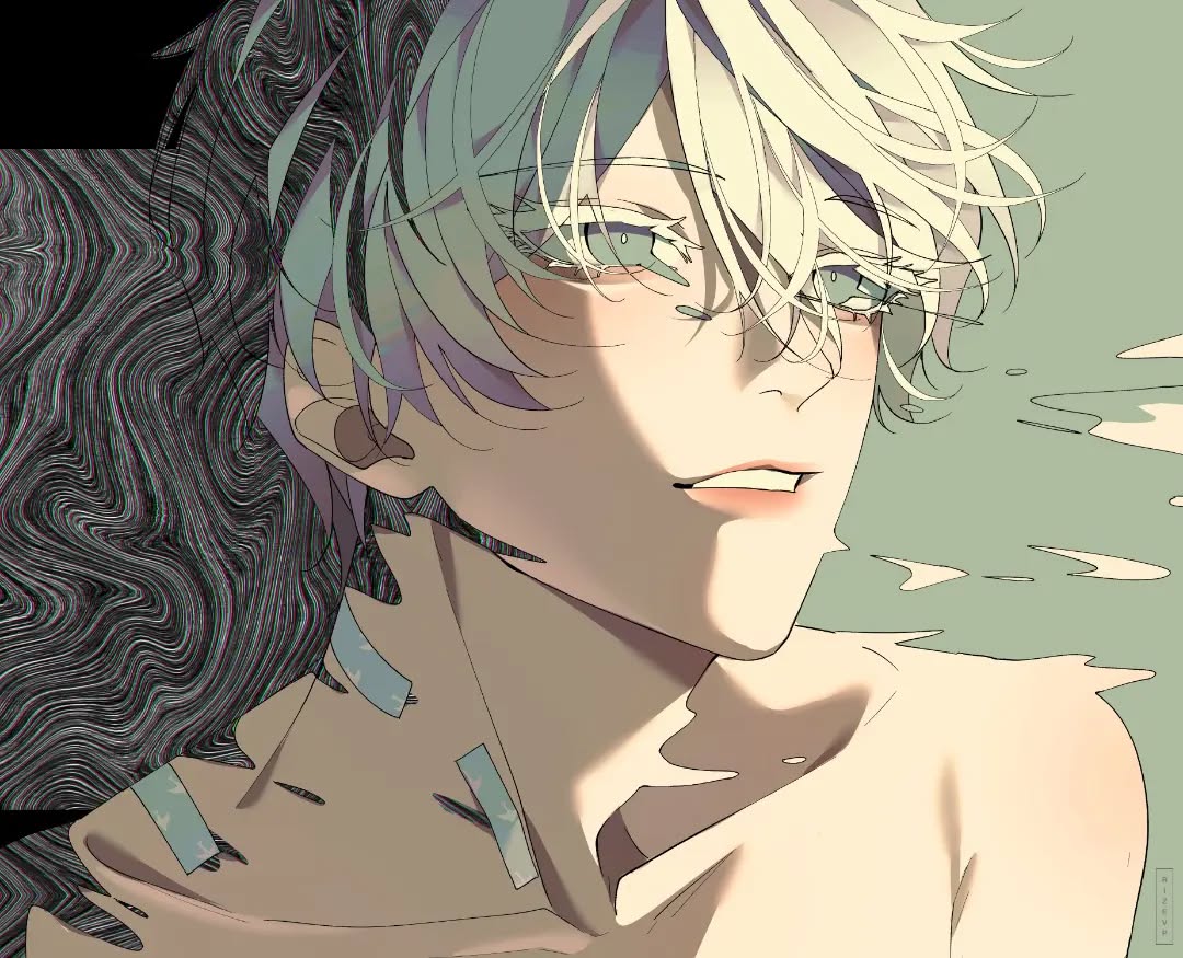 the image is a stylized digital painting or illustration of a young animestyle male character. he has pale skin, short white or light grey hair, and striking green eyes. his expression is subtle, perhaps slightly mischievous or melancholic.  he appears shirtless, with his upper body slightly exposed,  and has bandages on his neck suggesting injury or recent trauma. the background is an abstract blend of swirling, muted colors, which contrasts with the more realistic rendering of the character. the overall style is soft and dreamlike, with muted colors and subtle shading contributing to an ethereal and slightly mysterious mood.