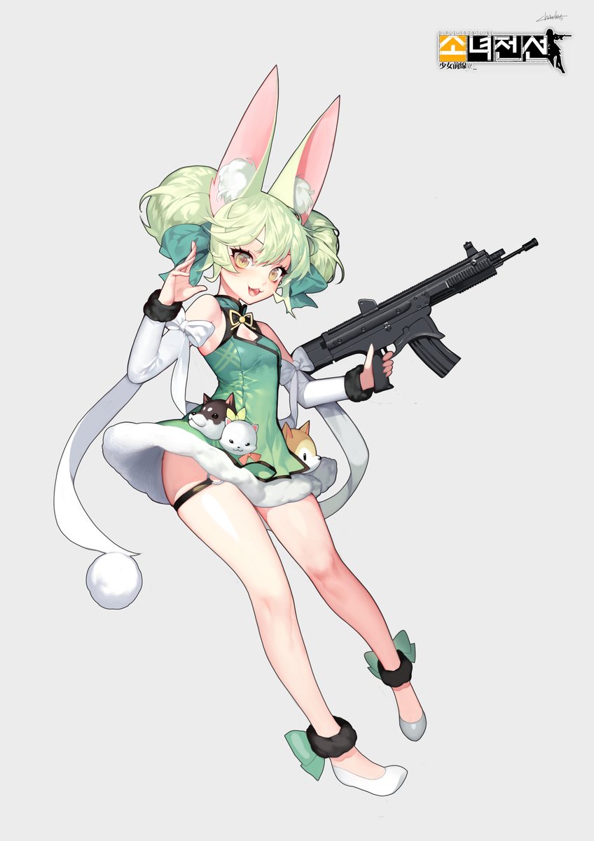 a fullbody illustration of an animestyle girl with bunny ears, dressed in a short green dress with animal motifs. she is armed with a black machine gun. the background is plain white, and the lighting is soft.