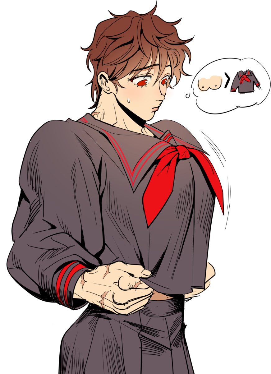 a buff male anime character with red eyes and a blushing face in a school uniform is thinking about changing his clothes. he's wearing a sailor uniform with a red bowtie. in his thought bubble, we can see his upper body is muscular, with pecs that are similar to a women's. his current uniform seems to be too tight around his pecs. he looks a little uncomfortable.