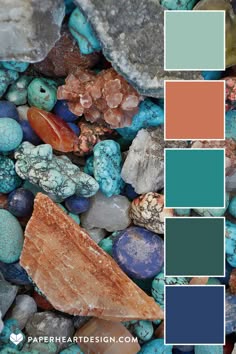 a closeup image of a variety of colorful rocks and stones arranged in a horizontal pattern. the stones are a mix of turquoise, teal, blue, green, brown, red, and orange. there are also several clear quartz crystals visible. the colors are arranged in a palette of swatches to show the color combinations.  the background of the image is blurry and out of focus.