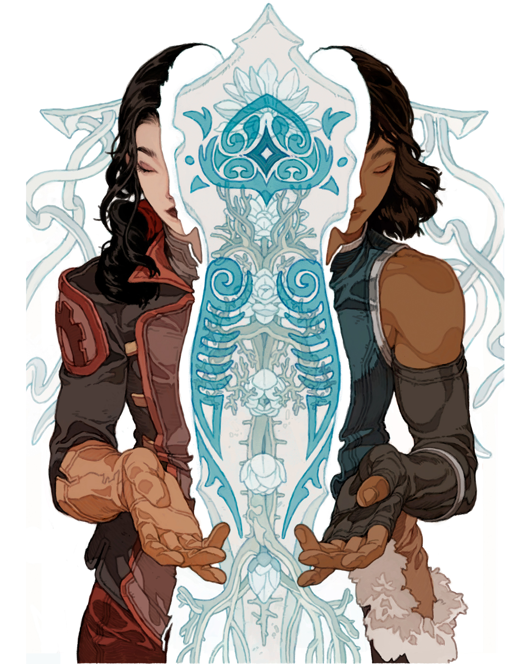 this is a digital illustration of korra and asami from the animated series the legend of korra. korra, who is a member of the water tribe, is on the left and asami, who is from the fire nation, is on the right. the image depicts them standing side by side, facing the viewer, with a large, detailed, and stylized image of the avatar state, which is a state of powerful energy that only the avatar can access, between them. the image is drawn in a comic book style and has a vibrant color palette, with strong use of blue, red, and orange.
