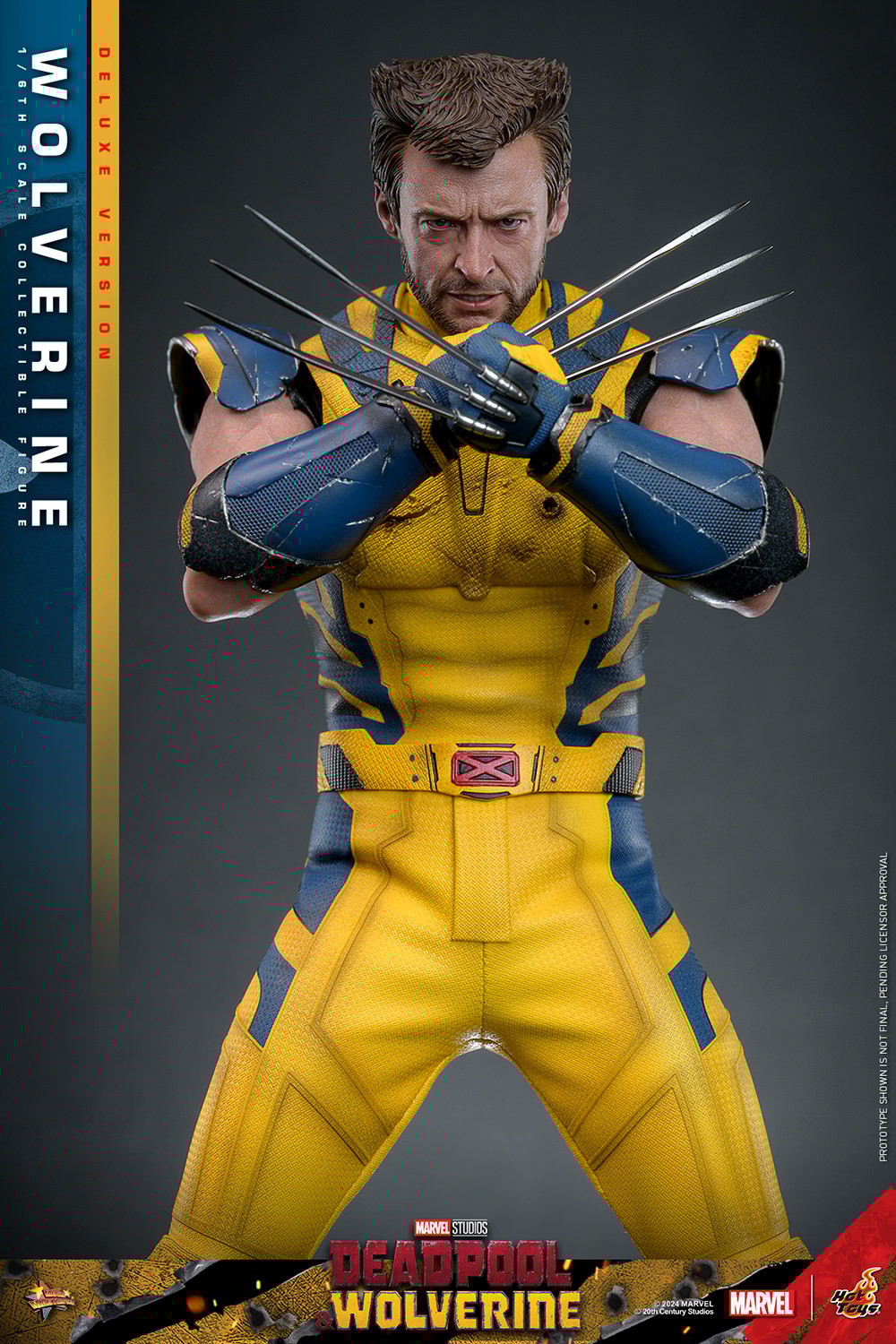 a promotional image showcasing a highlydetailed wolverine action figure. the figure is dressed in a yellow and blue costume with visible battle damage. he is posed dynamically with his claws extended, conveying a sense of action and power.  the background is a dark gray, drawing focus to the brightly colored figure. the "deadpool" logo and marvel branding are visible at the bottom, suggesting this figure is tied to the deadpool movie franchise.