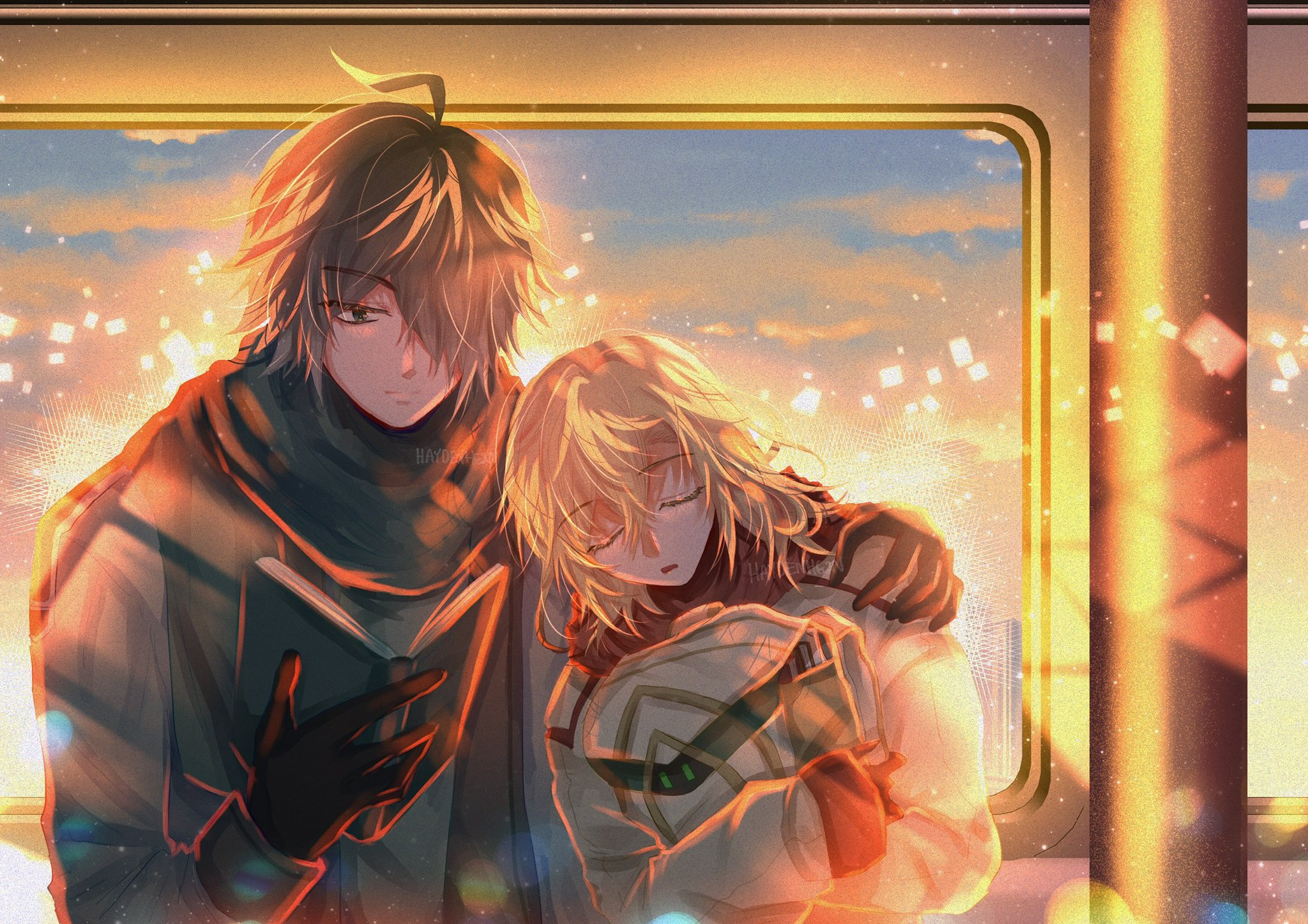 the image depicts a romantic anime couple. the male character, with black hair, is wearing a coat and scarf. he is reading a book and looking at the blonde female character who is asleep in his arms. they are sitting by a train window looking out at a cityscape. the sunset is casting a warm glow on them. the scene is filled with a sense of love and tenderness.