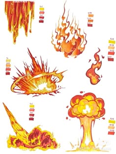 this illustration shows various types of explosions and fire effects, all rendered in a bright and stylized cartoon manner. each one is highlighted with color swatches showing the shades of red, orange, and yellow used to create each element.