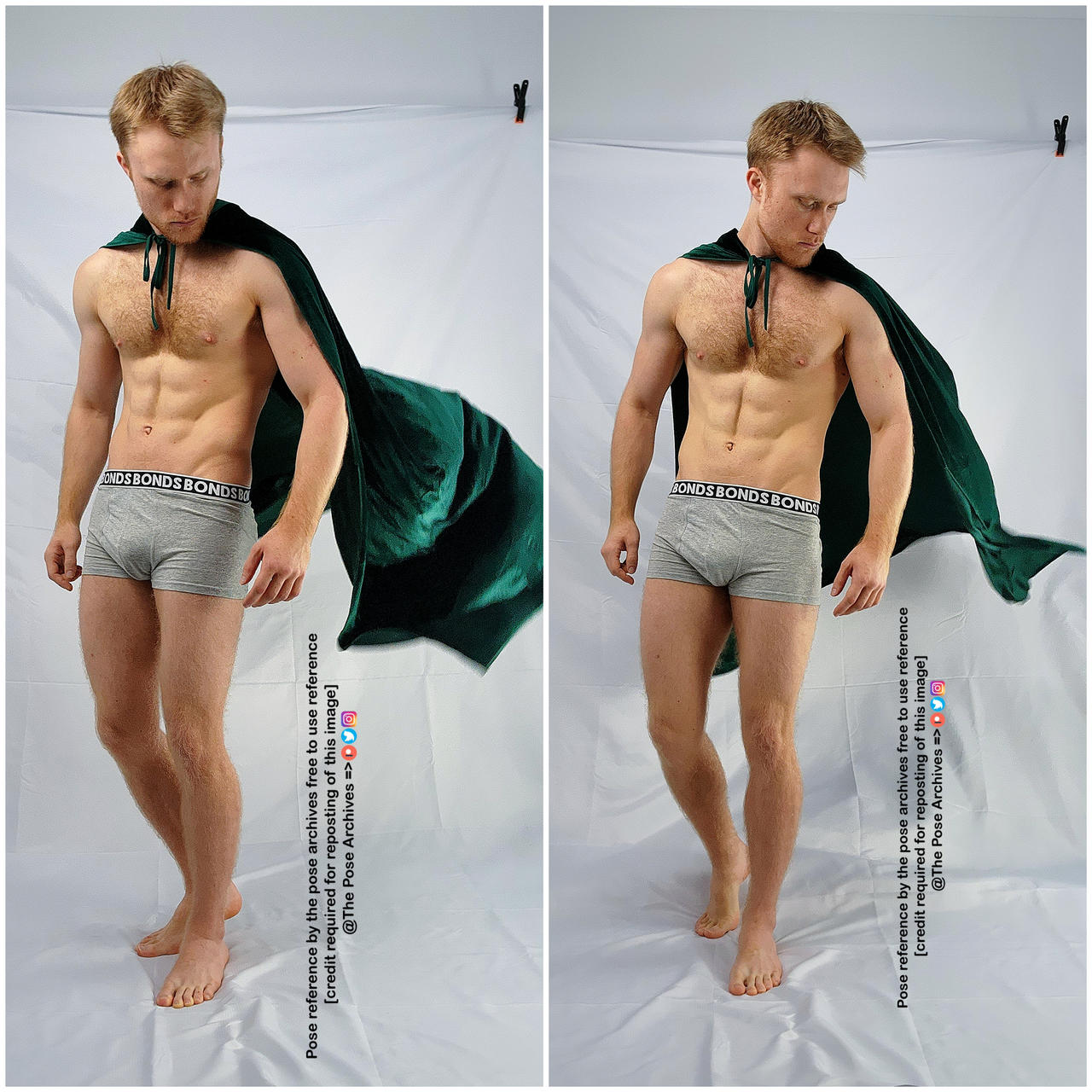 a young muscular man with red hair is standing in two different poses. he is wearing grey underwear, and a green cape. the background is white. this is a reference image for drawing poses.