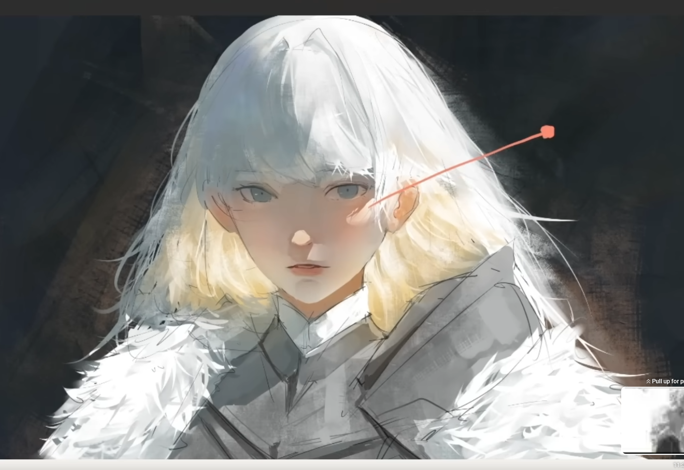 the image is a digital painting of a young woman with white hair and blue eyes. she is wearing a white fur collar over a darker outfit. the background is dark, and the lighting is soft and ethereal, with a rim light highlighting her hair and clothing. the overall style is reminiscent of anime and concept art.
