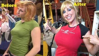 the image is a split beforeandafter photograph showcasing a woman's hair transformation.  on the left, labeled "before," the woman has shoulderlength reddishblonde hair.  on the right, labeled "after," she has a shorter, blonde hairstyle.  both images show the woman from the chest up, wearing casual tops. the background is blurred but shows a cluttered, workshoplike environment with various tools and equipment. the overall impression is that this is a beforeandafter photo from a hair salon or stylist's session.