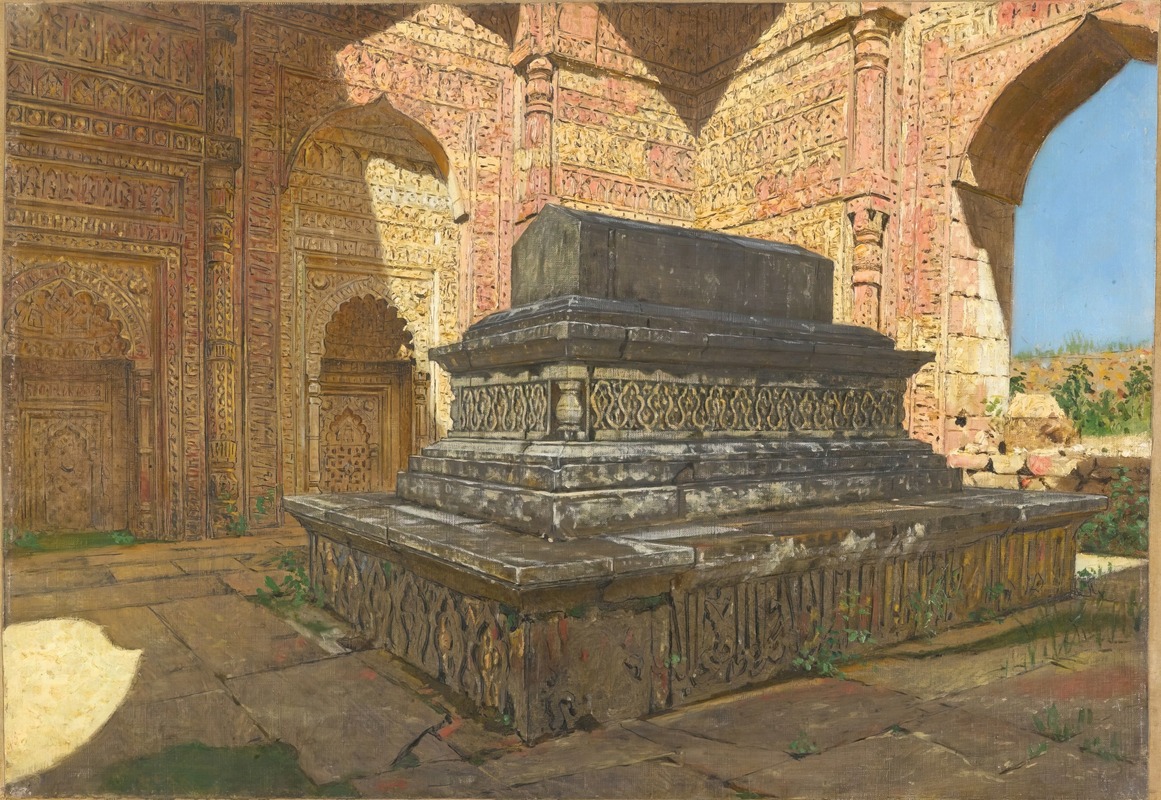 the painting depicts a weathered stone tomb, possibly located in india, surrounded by ornate architectural details such as arched entrances and intricately carved walls under a clear daytime sky.
