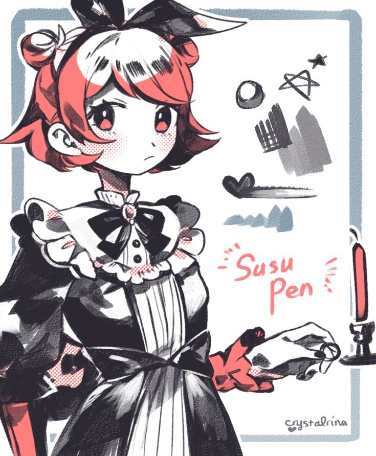 the image is a digital illustration of an anime girl dressed as a maid. she has red hair, black dress, white apron, a black bow, red gloves and is holding a red pen and red candle. the background is a white board with red, black, and gray scribbles. the text "susu pen" is written in black and white on the board. the image is drawn in a cute and playful style.