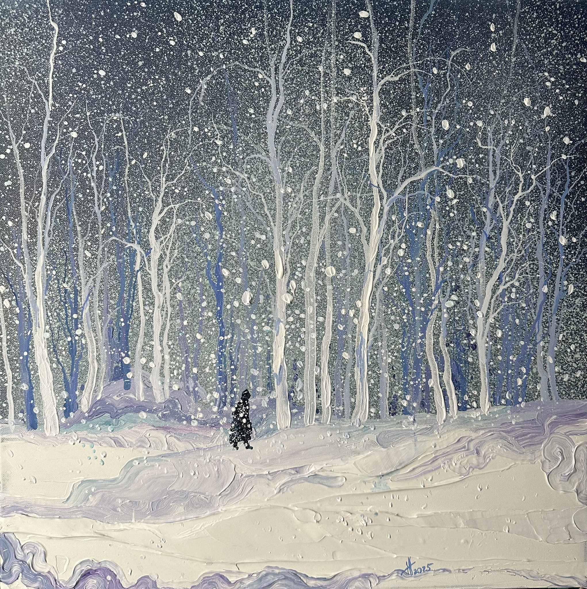 the image shows a painting depicting a winter landscape with a snowy forest. numerous bare trees with white and bluish hues stand tall in the background. snow is heavily falling, creating a sense of blizzard. a solitary figure, dark in color, is walking on a snowy path in the foreground. the path is covered in thick white snow with hints of blue and purple. the artwork has a textured and impressionistic style.