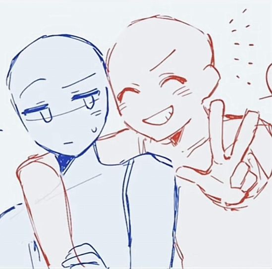 a sketch drawing in blue and red depicts two figures. one figure, colored blue, appears to be frowning, with a neutral mouth and downturned eyebrows. the other figure, colored red, is smiling broadly and giving a peace sign with their hand. the red figure has their arm around the blue figure's shoulder, suggesting a friendly or affectionate interaction.