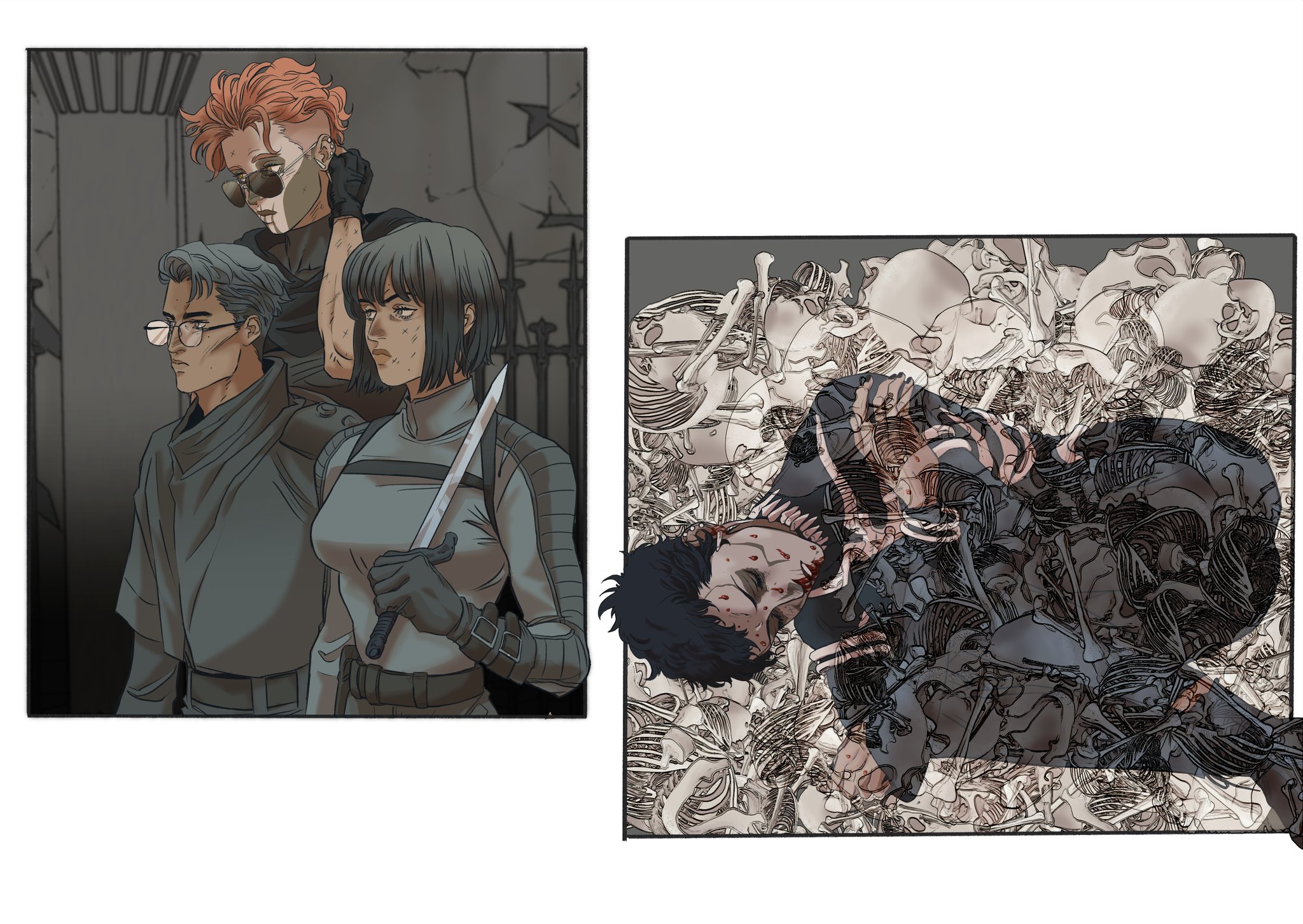 the image contains two panels. in the left panel, there are three characters: a woman holding a knife, a man with eyeglasses, and a man with sunglasses. in the right panel, a woman lies dead in a pile of skeletons.