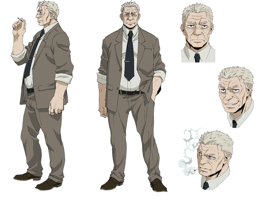 the image presents several character design sheets featuring the same older male character with gray hair and wrinkles, wearing a brown suit and tie. he appears serious and gruff, with different expressions ranging from scowling to determined.  he holds a cigarette in some of the drawings.  the style suggests a character who might be a businessman, gangster, or bodyguard.