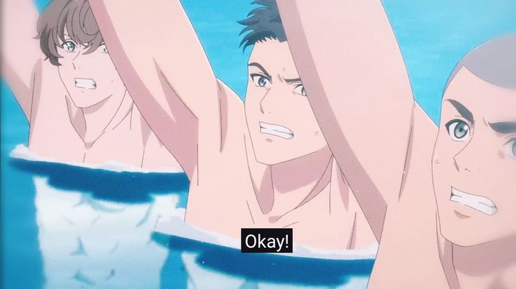 three young anime boys in a swimming pool. one is on the left side of the screen looking like he's about to dive in, the second is in the middle of the screen, and the third is on the right side of the screen.  the middle boy is talking to the boy on the left and says "okay" in a speech bubble. the background is blue.