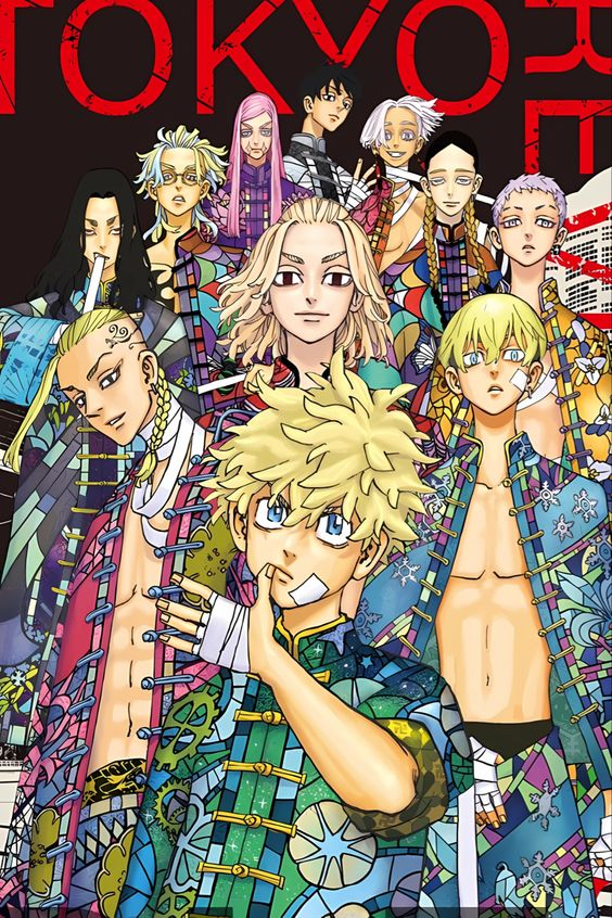the image showcases a vibrant illustration of a group of young men, seemingly a gang or delinquents, set against an urban backdrop. their attire is a striking blend of colors and patterns, hinting at a rebellious and edgy style.  the bright, likely artificial lighting accentuates the characters and the overall dynamic energy of the scene. the frontal perspective draws the viewer directly into the heart of the group, emphasizing their unity and potential for action.  the style and details suggest this could be a cover for a manga or anime, and the title "tokyo revengers" implies a story set in the heart of tokyo.