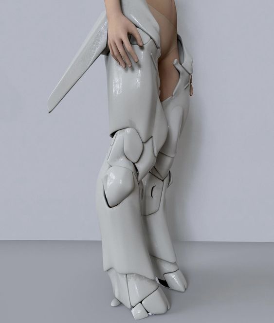 the image showcases a 3d model of futuristic, robotinspired leg armor or fashion. the design is sleek and white, resembling a  blend of mechanical and organic forms. the leg armor is segmented, allowing for articulation, and features sharp, angular details. it's set against a plain grey background, drawing all attention to the design.