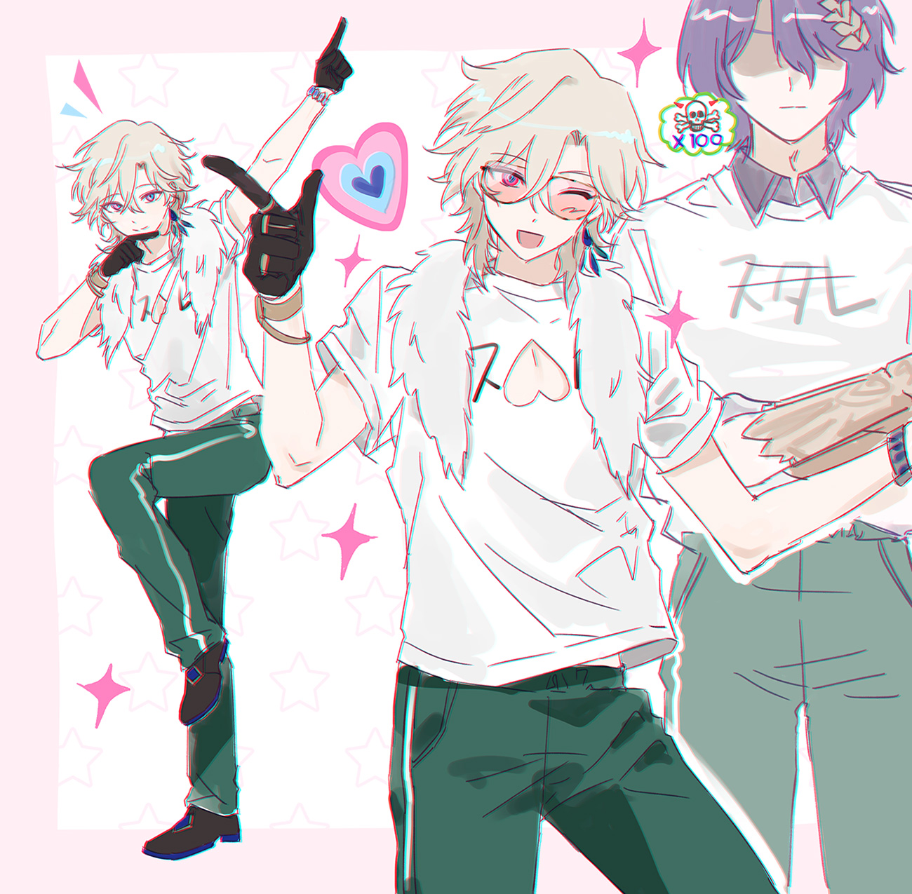 the image is a vibrant fanart featuring three animestyle male characters. the central figure is a blondehaired boy wearing a white tshirt with a heart design and green pants. he has glasses and is stylishly posed, possibly in a dancelike manner. to his left is another blonde character in a similar white shirt and green pants but with a different pose, suggesting a dynamic action. on the right is a character with purple hair and a more casual outfit, their expression appears somewhat serious. the overall aesthetic is bright, playful, and eyecatching, with a mix of soft and bold color palettes. the art style is reminiscent of modern digital illustrations, featuring smooth lines and expressive character designs.  the background incorporates hearts, stars, and other decorative elements, suggesting a lighthearted and upbeat mood.