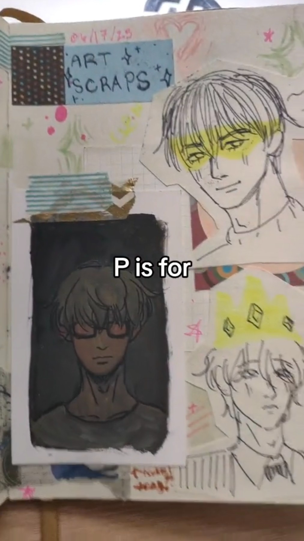 the image shows a page from a sketchbook filled with animestyle character drawings.  the drawings are done in black and white with some yellow highlights. the drawings are of heads and faces, mostly male, with different hairstyles and expressions. the artist has used a variety of pens and markers to create different line weights and textures.  the page also includes some decorative elements, such as washi tape, stickers, and handwritten text.  the overall aesthetic is cute and whimsical.