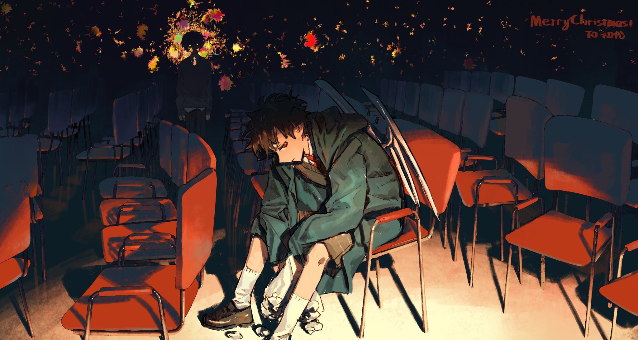 an anime boy in a school uniform sits in a chair with his feet on the floor. he appears to be alone, surrounded by other chairs in an otherwise empty room. the room is dark with stars and lights sprinkled in the background. there is a "merry christmas" banner on the right side of the image.
