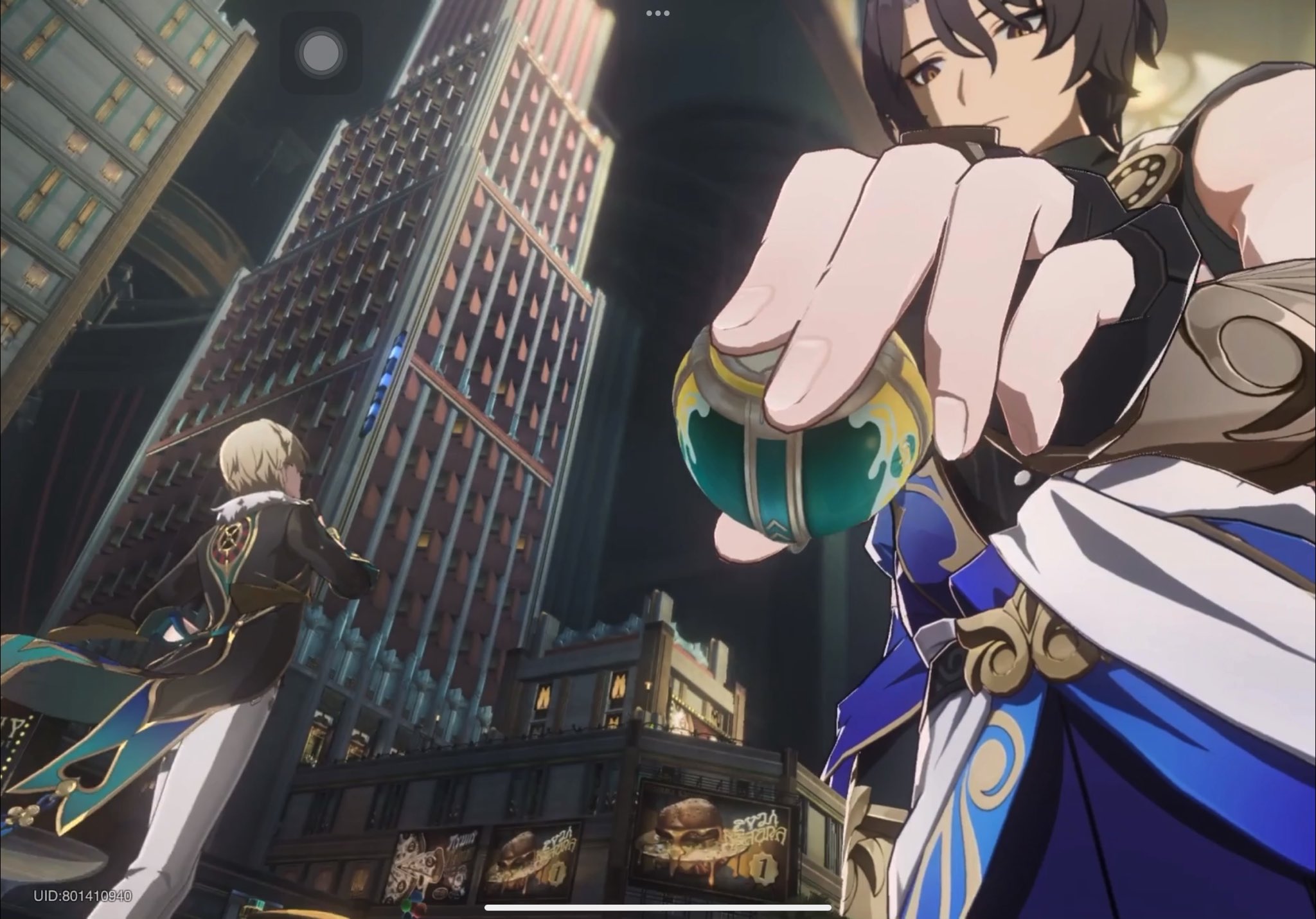 this is a screenshot from the popular anime video game genshin impact. the scene features two characters, one male and one female, in an urban setting. the male character is facing the camera, holding a green and gold ball in his hand. the female character is standing in the background, looking away from the camera.  the scene takes place in a city with tall buildings and a cloudy sky. the art style is animeinspired, with vibrant colors and stylized characters.