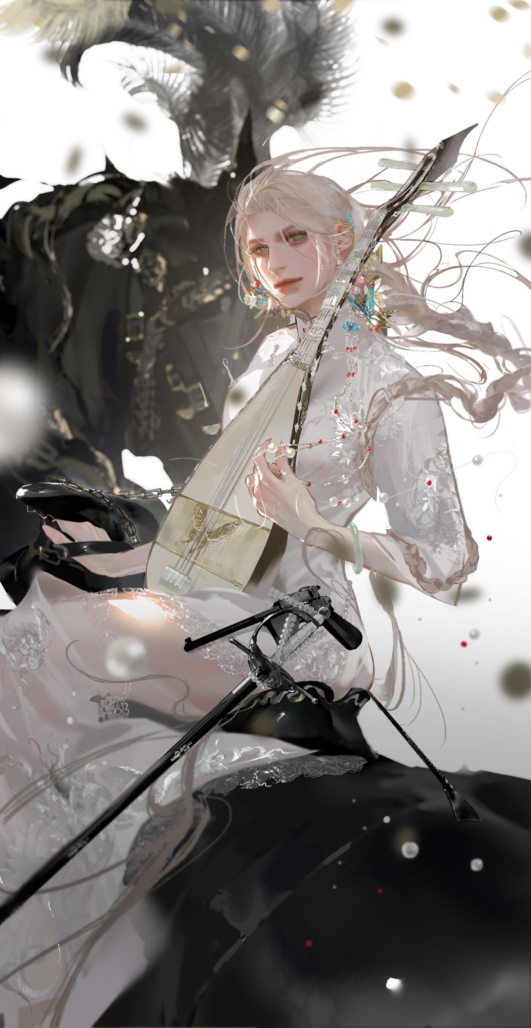 a beautiful anime girl with long white hair is shown in the image. she is wearing a traditional white chinese dress. she holds a pipa, a chinese musical instrument, and looks away from the viewer. her face is soft and ethereal with a delicate expression. the background is a mixture of white and black and the image has a sense of fantasy and magic.