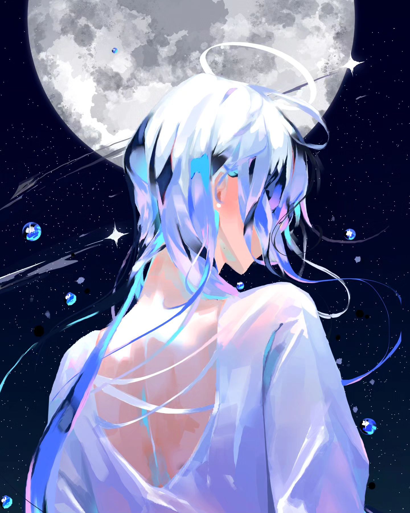 the image is a digital painting or illustration of an animestyle girl with long, flowing white and light blue hair.  she is viewed from behind, and her hair trails down her back. she is wearing a loose, light purple/white sheer top that is backless, revealing her shoulders and upper back. the background is a stunning night sky with a large, bright moon and glittering stars. the overall style is ethereal and dreamy, with soft colors and flowing lines that create a sense of movement and magic.  the girl appears to have a halo above her head. the artwork is characterized by a painterly, almost impressionistic technique.