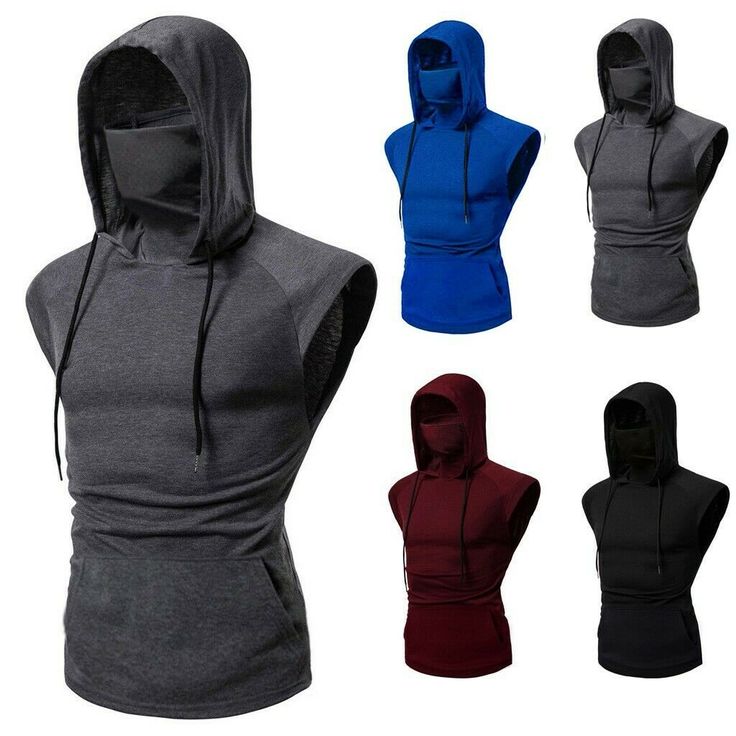 the image shows five different color variations of a sleeveless hooded shirt for men. the shirts are all made of a comfortable, breathable fabric and feature a stylish hooded design with a builtin face mask. they are perfect for casual wear, athletic activities, or simply adding a touch of streetwear style to your wardrobe. the color variations include gray, blue, red, and black.