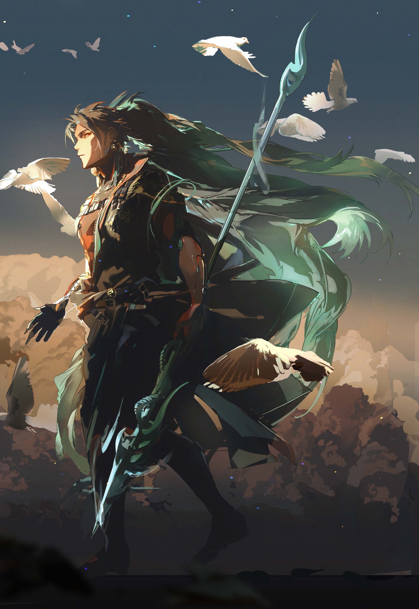 the image showcases a lone warrior with long, flowing green hair, striding confidently against a dramatic sunset sky. he carries a long, ornate spear and wears dark, flowing attire. several white birds soar around him, adding to the sense of motion and freedom. the low angle perspective emphasizes the warrior's imposing presence and the vastness of the sky. the overall atmosphere is both serene and powerful, hinting at a story waiting to unfold.