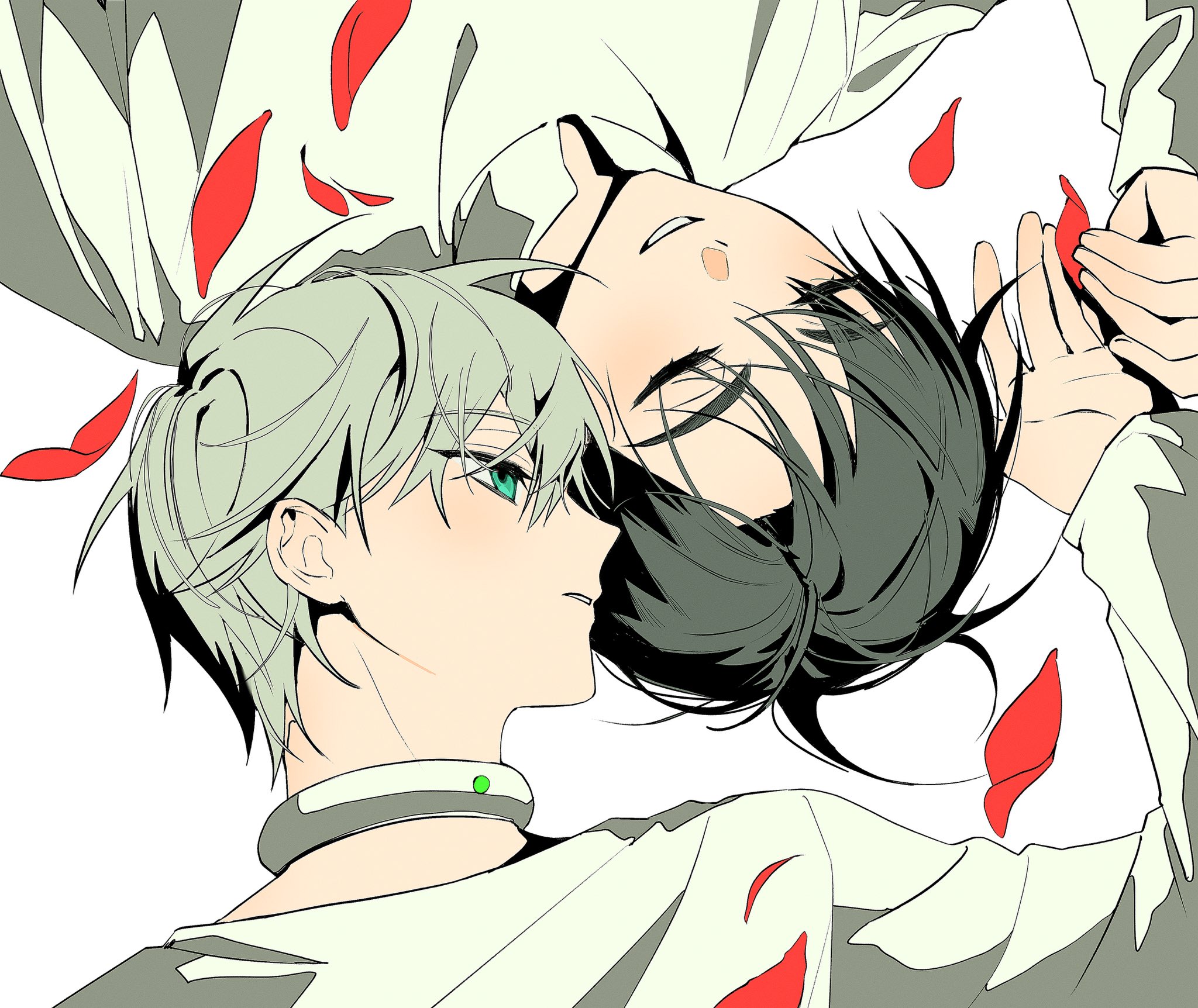 the image depicts two anime boys, one with green eyes and gray hair, and the other with black hair and dark eyes. they are embracing and looking at each other. red flower petals are falling around them. the boys are wearing white shirts with collars. the image is a romantic and tender portrayal of young love. the boys are drawn in a soft, gentle style. the overall tone of the image is one of love and tenderness.