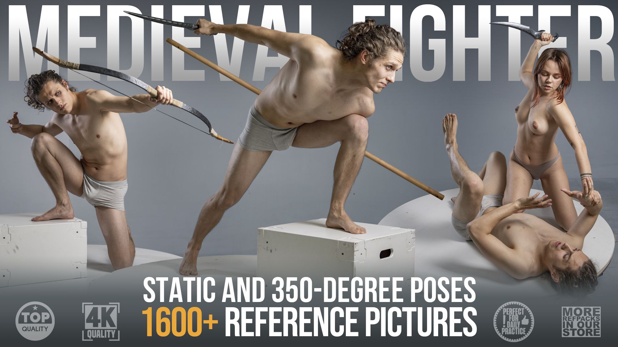 an advertisement for a set of digital images of  a male and female model posed as a medieval fighter. they are both in various poses and expressions that would be useful for artists and other creatives as reference material. the text on the ad highlights the high quality of the images and the variety of poses available.